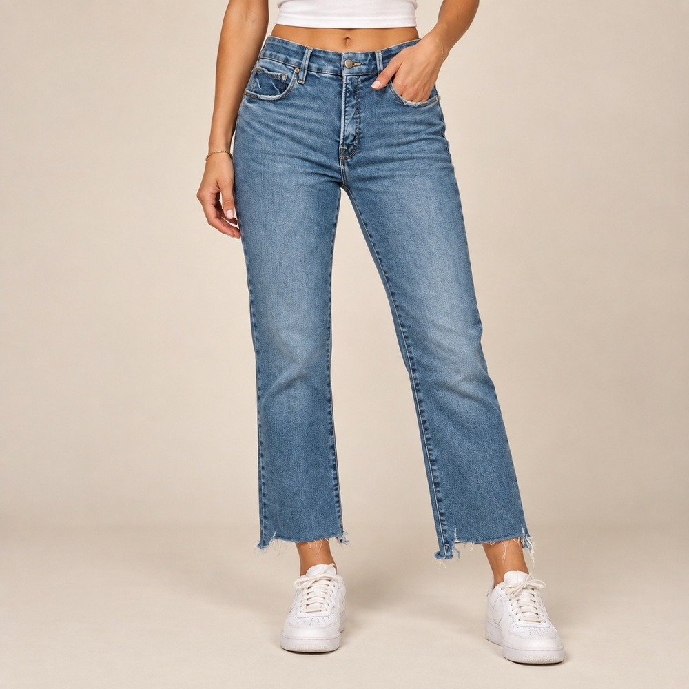 Good American High Rise Straight Leg Raw Hem Jeans Blue 10/30